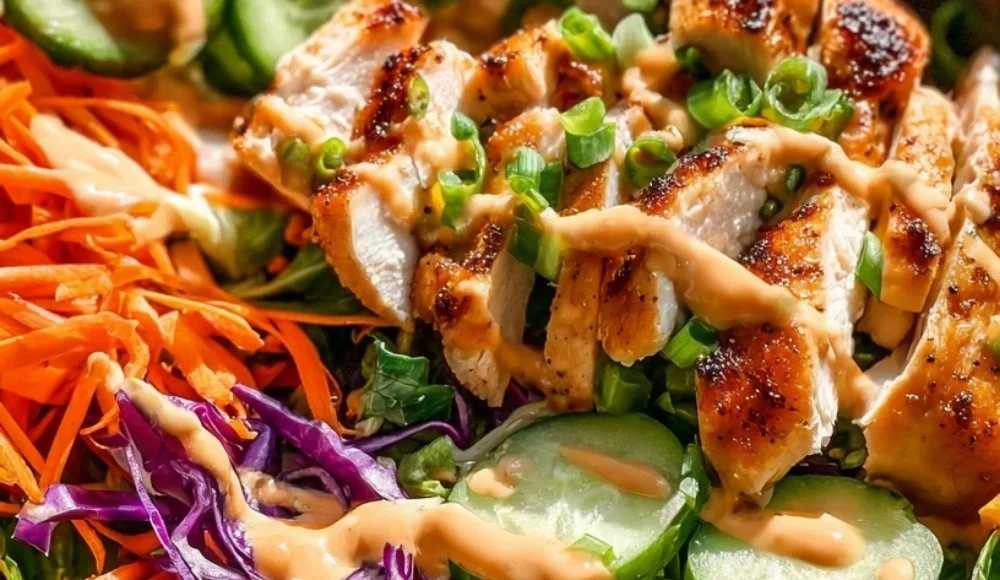 Delicious Bang Bang Chicken Bowl garnished with fresh vegetables