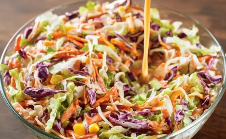 A bowl of vibrant, flavor-packed coleslaw with green and purple cabbage, carrots, and dressing.