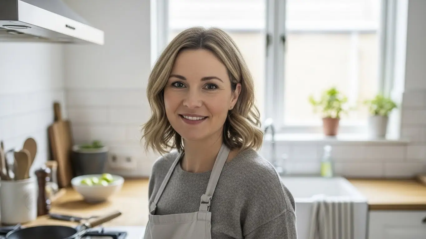 Carla Carter, founder and recipe developer at RecipesCabin, photographed in a bright home kitchen with natural light
