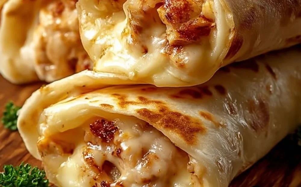 Cheesy garlic chicken wraps filled with tender chicken and melted cheese