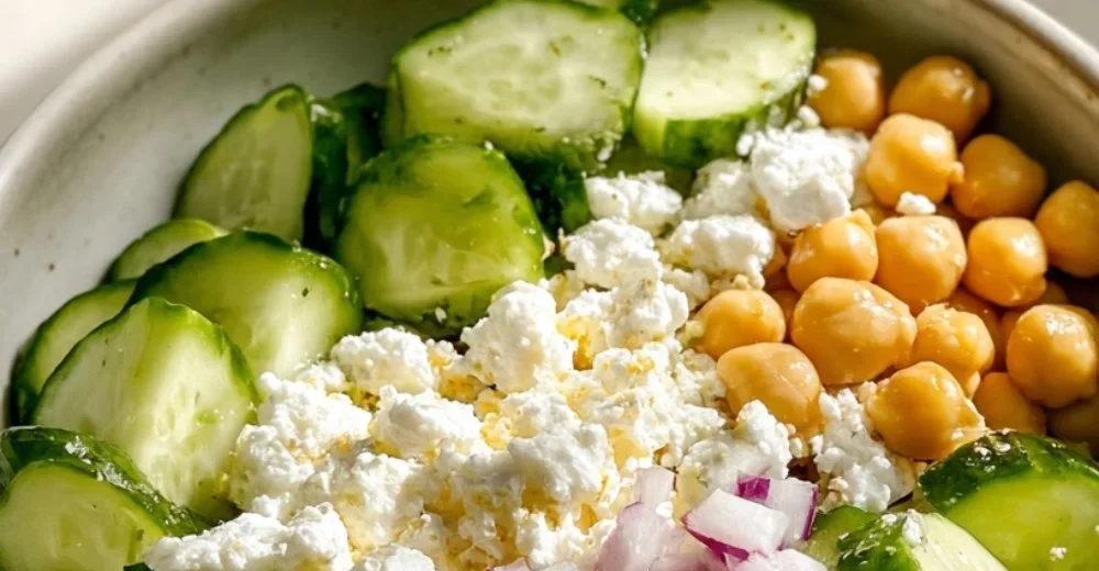 Cottage Cheese and Chickpea Salad in a bowl with fresh vegetables
