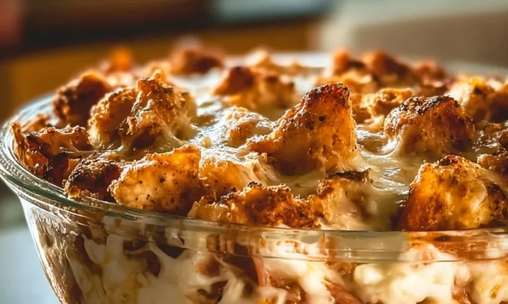 Cottage Cheese Chicken Parmesan Bowl topped with cheese and herbs