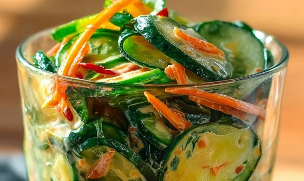 Creamy Asian cucumber salad bowl with fresh vegetables and sesame dressing