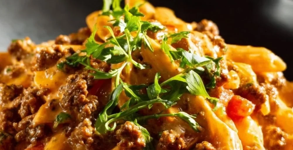 A bowl of creamy beef pasta garnished with herbs and cheese