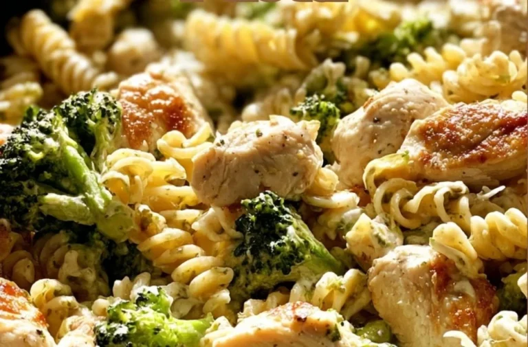 Creamy rotisserie chicken broccoli pasta dish garnished with parsley