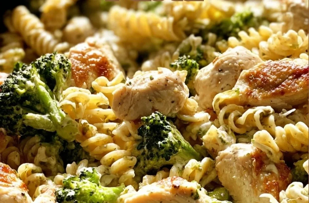 Creamy rotisserie chicken broccoli pasta dish garnished with parsley