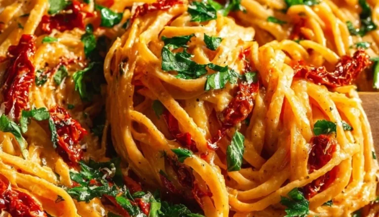 Creamy vegan pasta with sun-dried tomatoes and fresh herbs