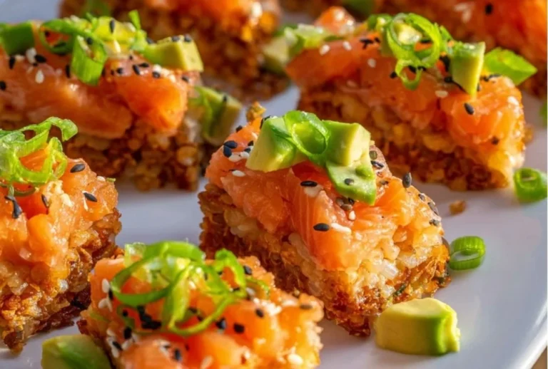 Delicious crispy rice salmon served with fresh ingredients