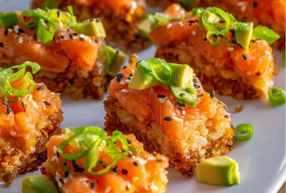 Delicious crispy rice salmon served with fresh ingredients