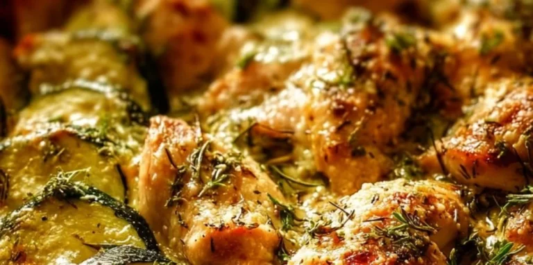 Easy Chicken Zucchini Bake with cheese and herbs in a baking dish