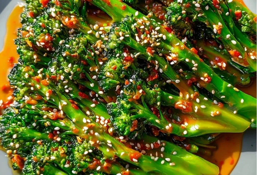 Bowl of Gochujang Broccoli garnished with sesame seeds and green onions