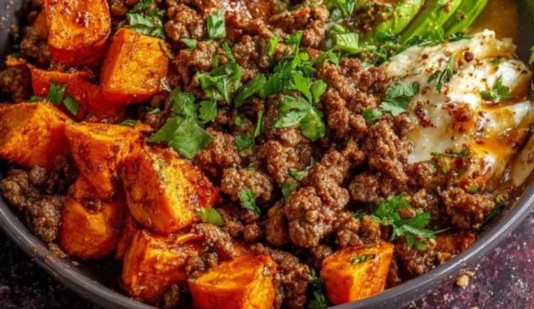 Ground Beef Hot Honey Bowl garnished with fresh herbs and spices