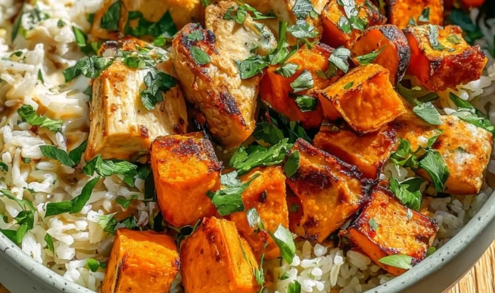 Healthy chicken and sweet potato rice bowl packed with nutrients.