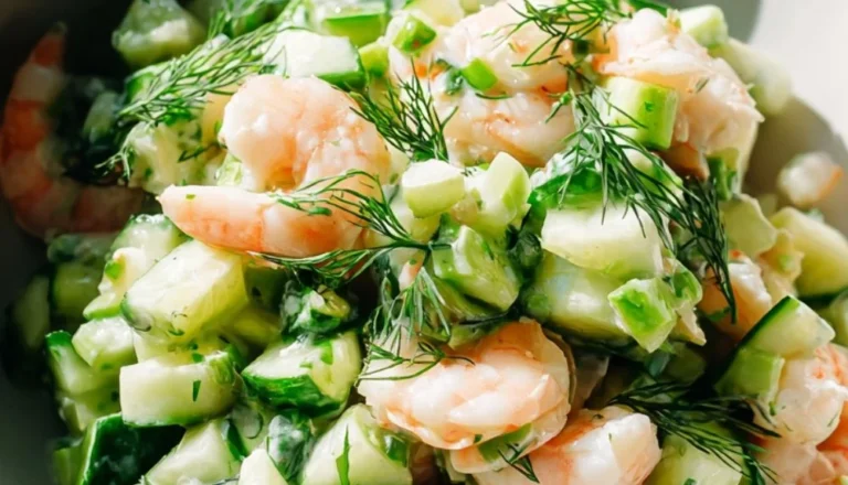 Healthy cucumber shrimp salad with fresh vegetables and herbs.
