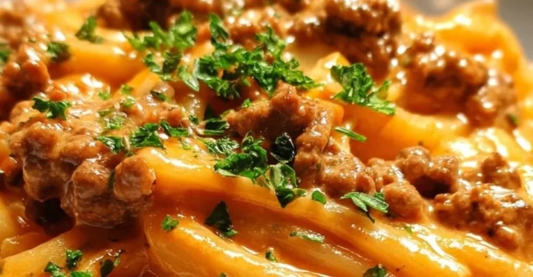 Creamy beef pasta topped with herbs and served in a bowl for a weeknight dinner