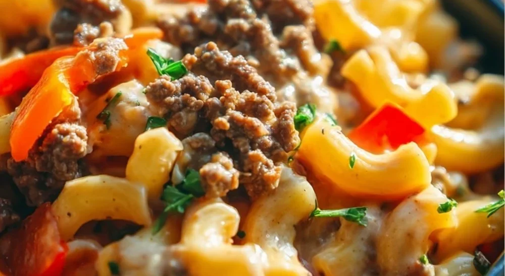 Bowl of high-protein creamy Philly cheesesteak mac and cheese topped with herbs