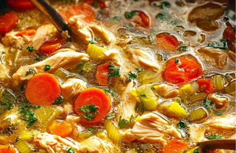 Bowl of homemade chicken soup with vegetables and herbs