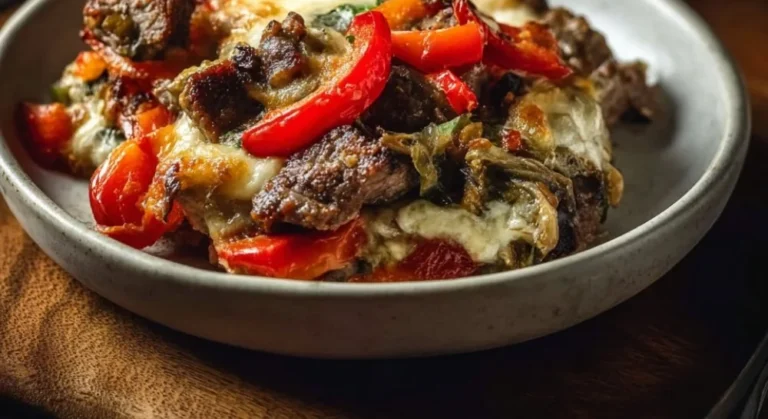 Low carb Philly cheesesteak casserole with beef and cheese