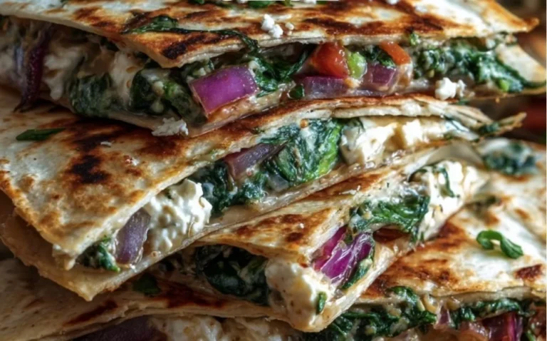 Mediterranean Quesadillas filled with spinach, feta, mozzarella, and red onion