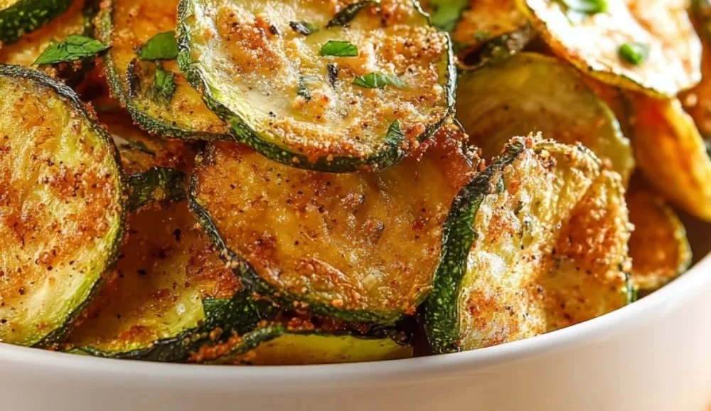 Crispy oven-baked zucchini chips on a plate, healthy snack option.