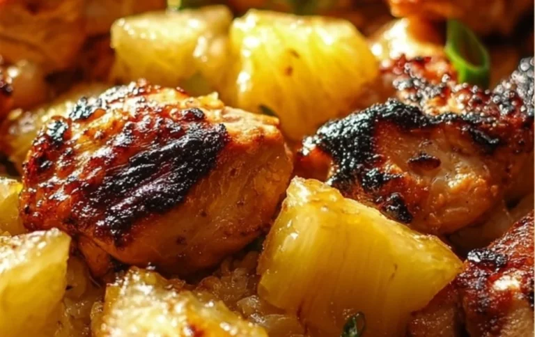 Delicious Pineapple Chicken and Rice served in a bowl with fresh garnishes.