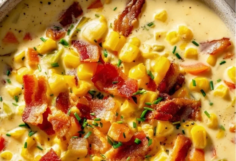 Creamy potato corn chowder garnished with herbs and served in a bowl.