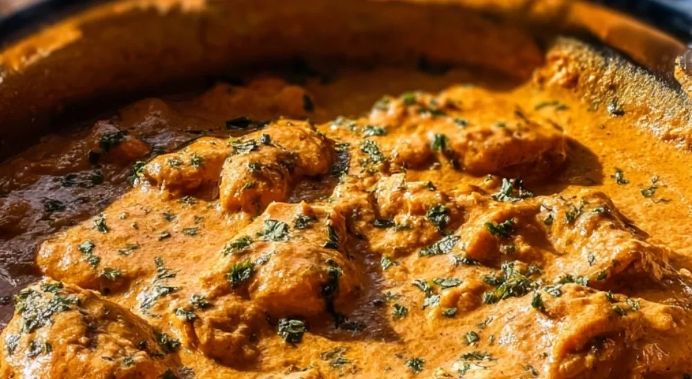 Homemade butter chicken dish with rice and herbs, ready to serve.