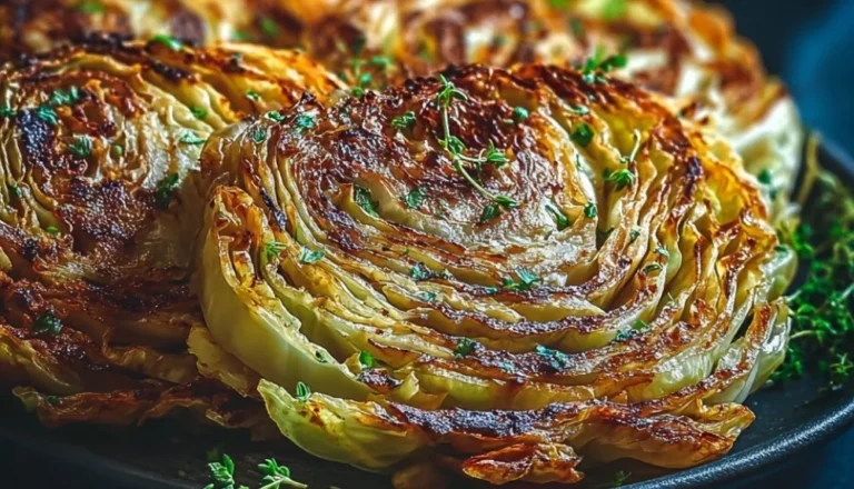 Roasted cabbage steaks served on a plate, garnished with herbs.
