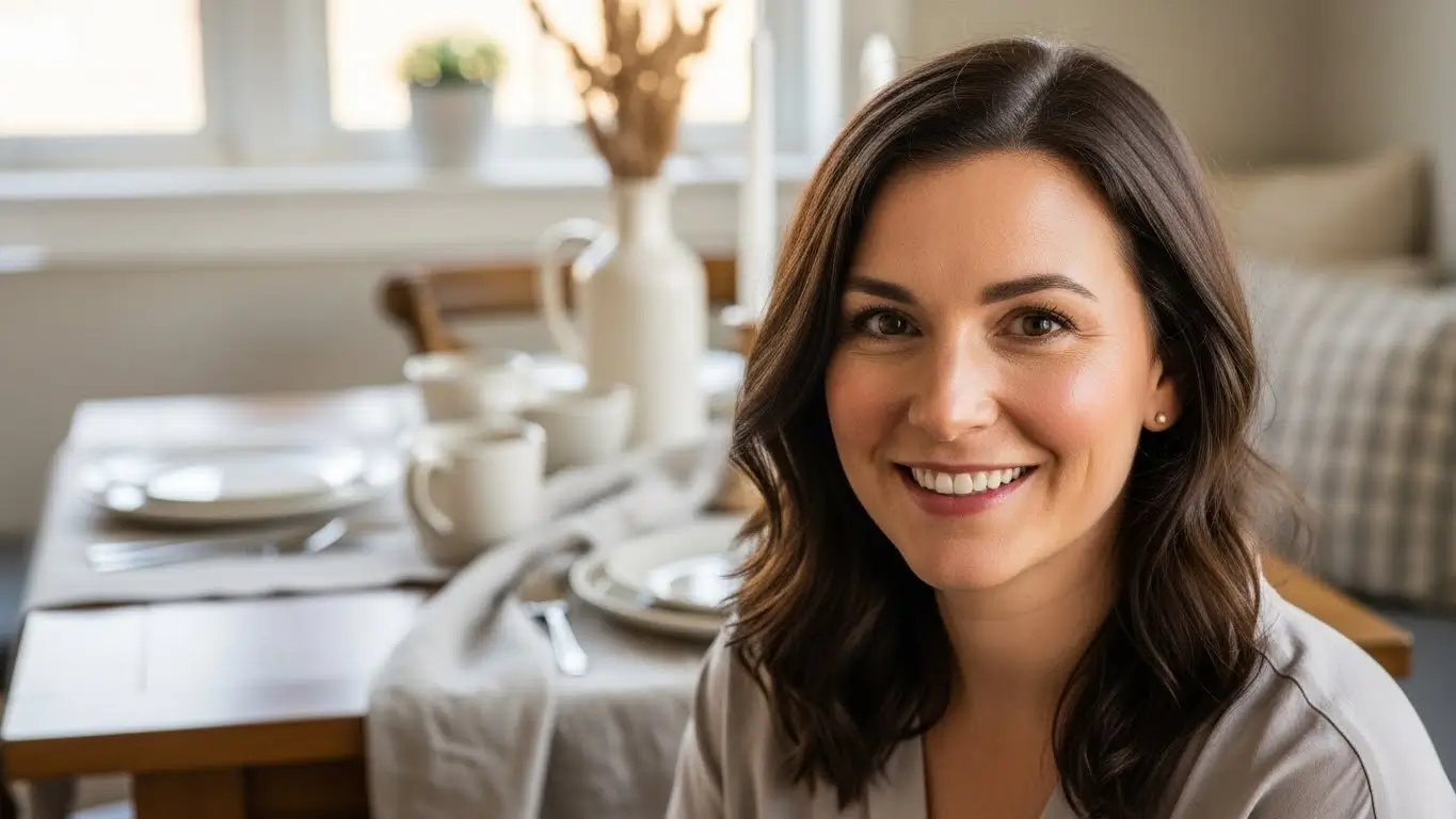 Sarah Collins, recipe contributor at RecipesCabin, photographed in a cozy dining nook with natural window light and a warm, welcoming home-cooking atmosphere.