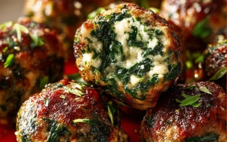 Plate of Spinach Garlic Meatballs garnished with herbs