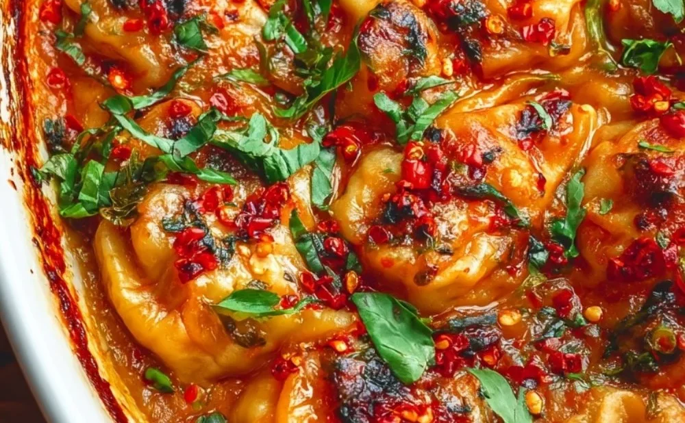 Plate of delicious vegan baked dumplings served with dipping sauce.