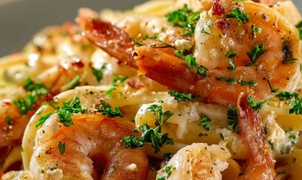 High-protein shrimp pasta dish with 33g protein, vibrant ingredients, and appetizing presentation.