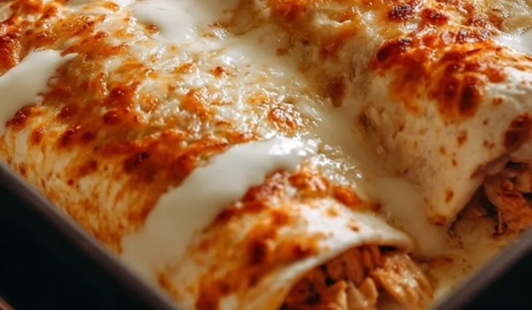 Delicious chicken enchiladas topped with creamy white sauce and packed with protein