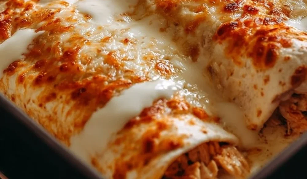 Delicious chicken enchiladas topped with creamy white sauce and packed with protein