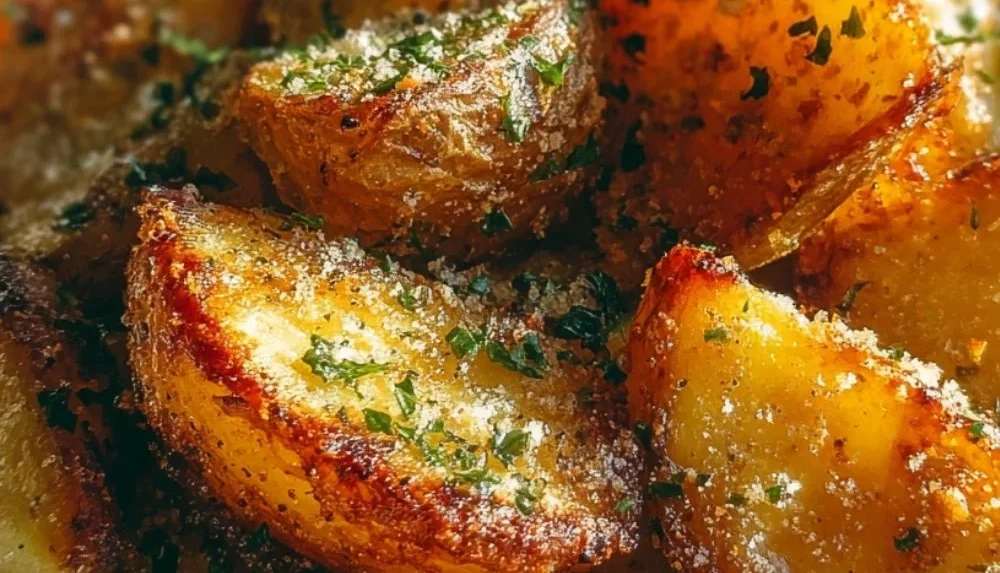 Air fryer baked garlic parmesan potatoes served on a plate