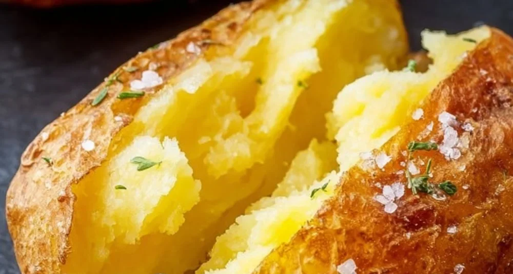 Golden, crispy air fryer baked potatoes with toppings on a plate