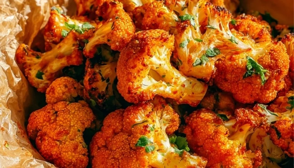 Crispy air fryer cauliflower served in a bowl with herbs and spices