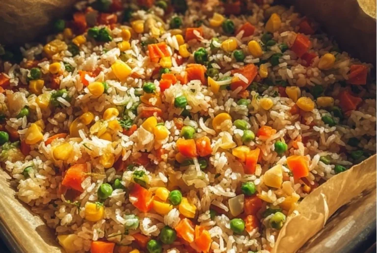 Plate of delicious Air Fryer Fried Rice garnished with vegetables and egg