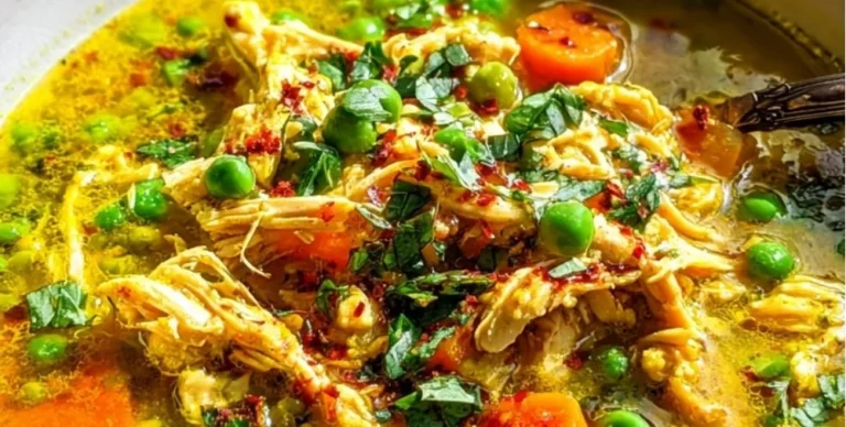 Bowl of anti-inflammatory turmeric chicken soup with herbs and spices