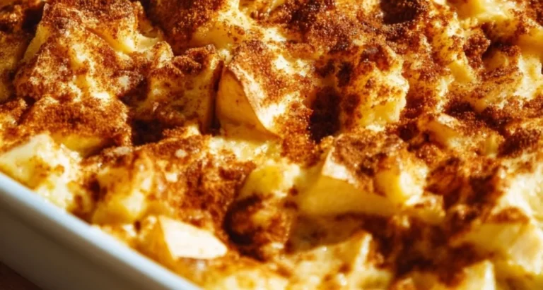 Apple cinnamon cottage cheese bake in a baking dish, garnished with cinnamon.