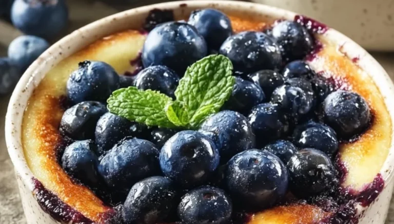 Baked blueberry cottage cheese bowls topped with fresh blueberries and oats.