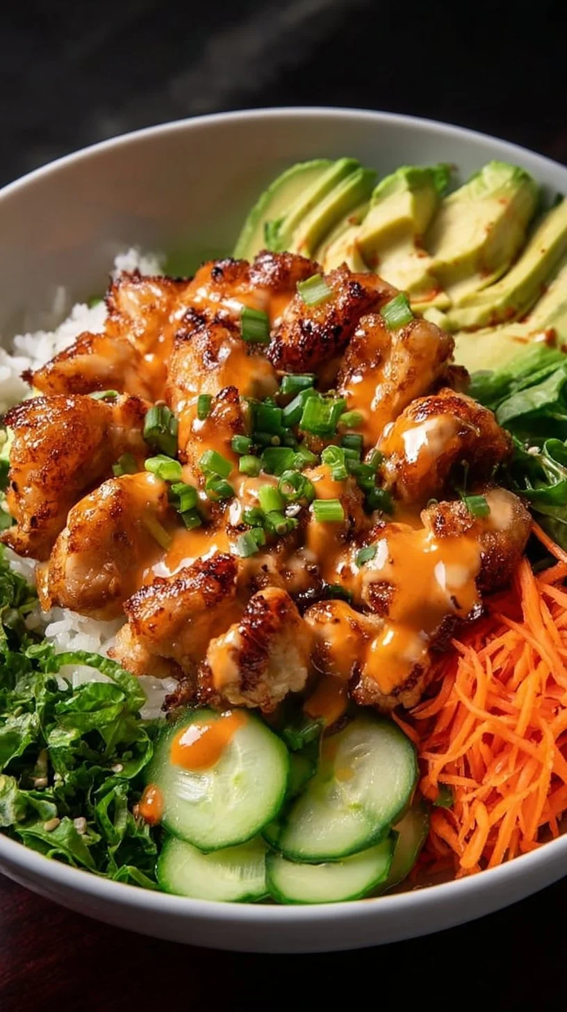 Delicious Bang Bang Chicken Bowl garnished with fresh vegetables and sauce.