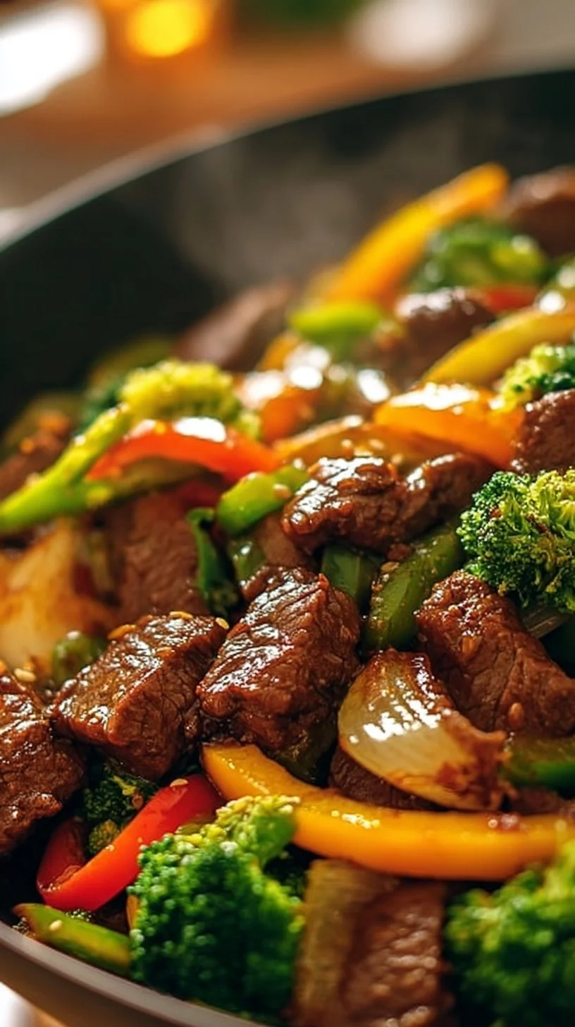 Delicious beef stir fry with colorful vegetables on a plate.