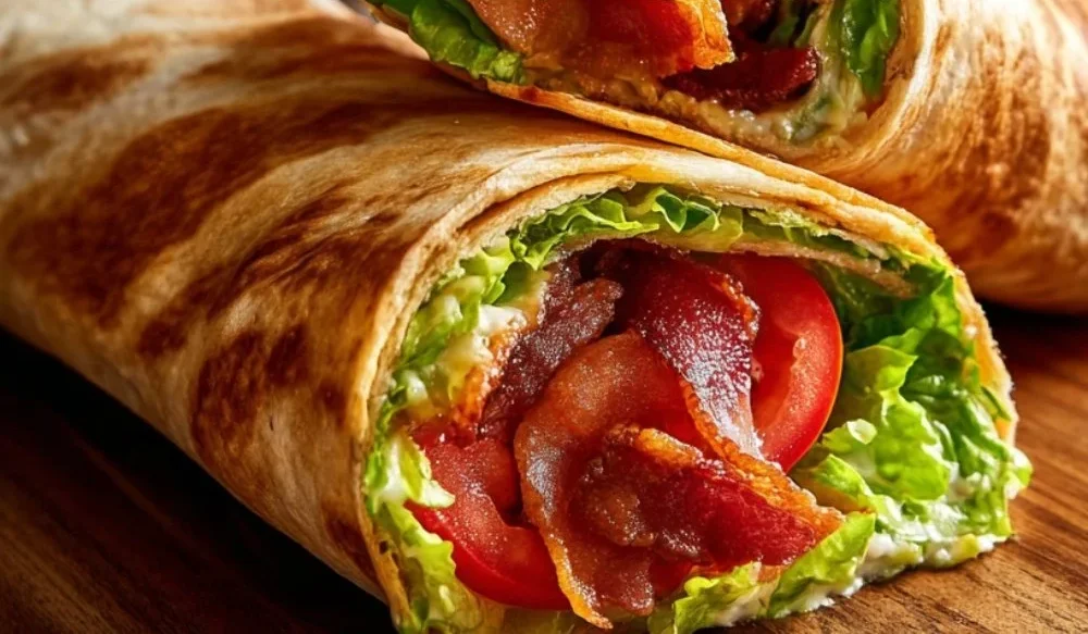 Delicious BLT wraps with secret sauce on a plate, ready to be served.