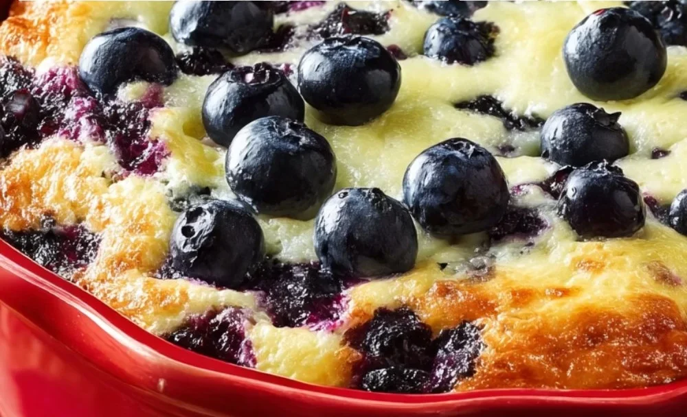 Delicious Blueberry Cottage Cheese Breakfast Bake topped with fresh blueberries
