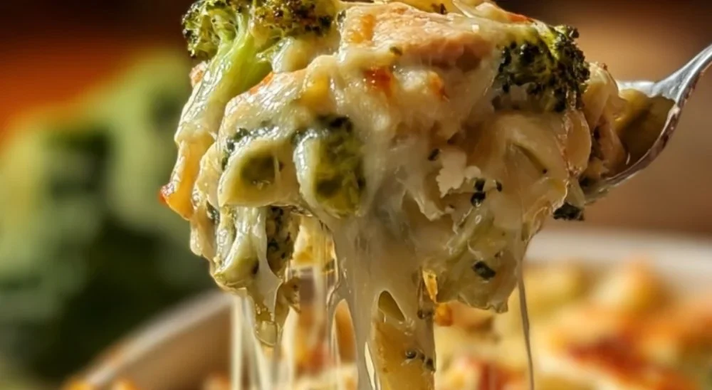 Chicken and Broccoli Alfredo Bake dish with creamy sauce and topped with cheese