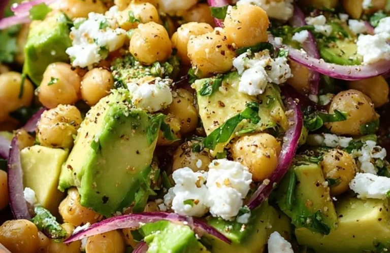 Chickpea Feta Avocado Salad with fresh vegetables and herbs