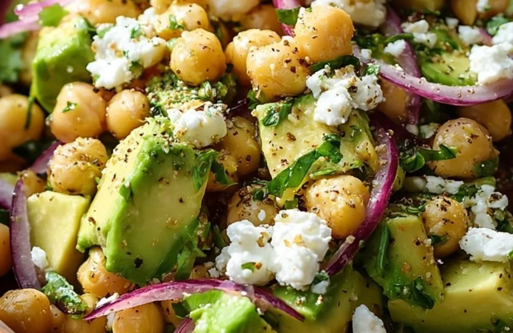 Chickpea Feta Avocado Salad with fresh vegetables and herbs