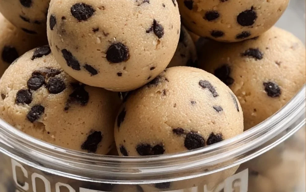 Delicious cookie dough protein balls on a plate, a healthy sweet treat.