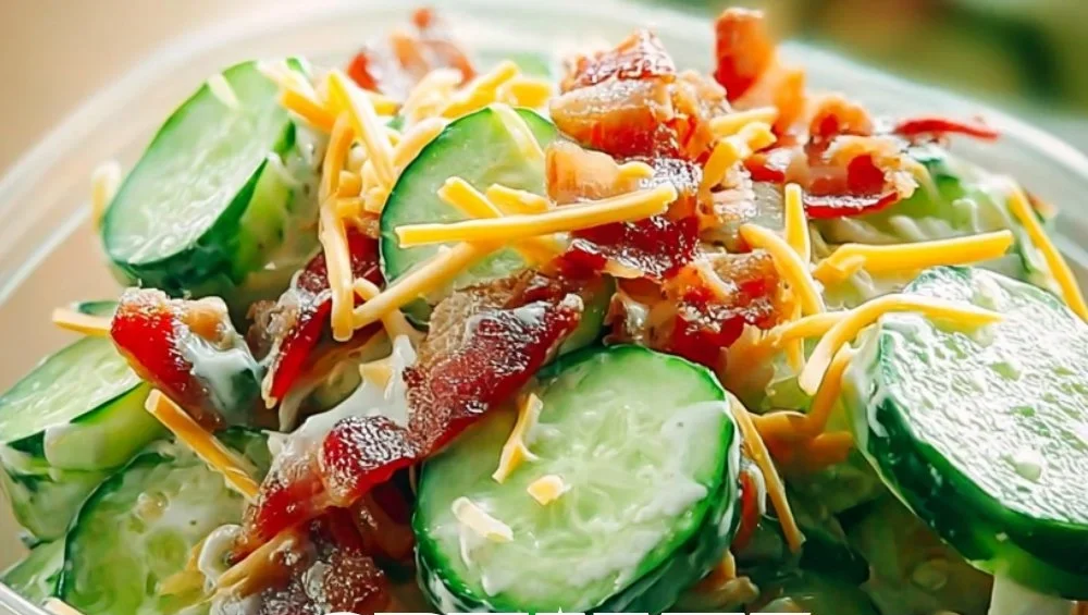 Creamy cucumber salad with bacon and cheese in a serving bowl
